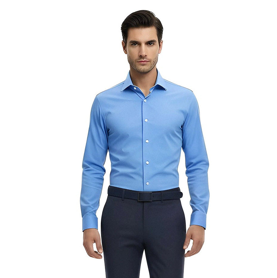 Hombre Vistiendo Camisa en Tejido Bi-Stretch en color Azul Vittorio Forti, Corte Extra Slim perfecta para cualquier ocasión