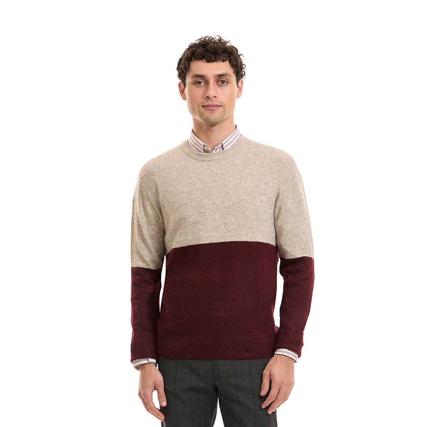 Sueter de tejido de punto liso cuello redondo manga larga