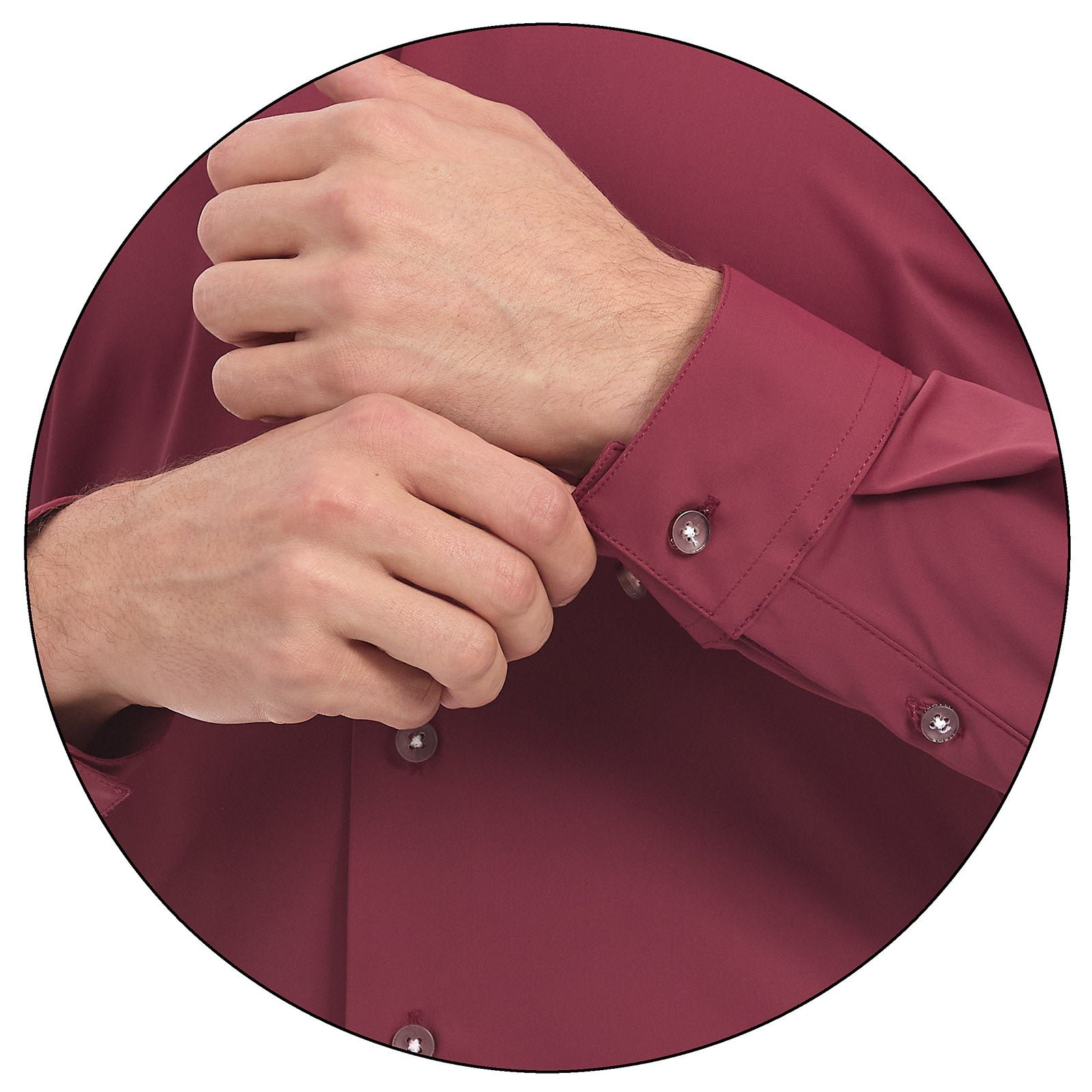 Hombre portando camisa formal color vino corte Extra Slim de la marca Vittorio Forti, muestra de detalle de la manga.