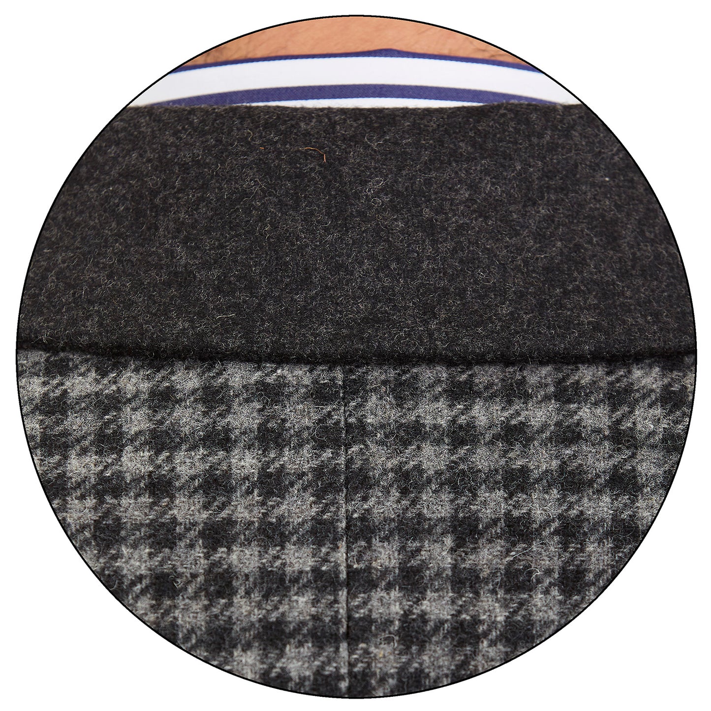 Detalle cuello de abrigo formal color gris con patrón clásico y camisa a rayas, ideal para invierno o eventos ejecutivos.