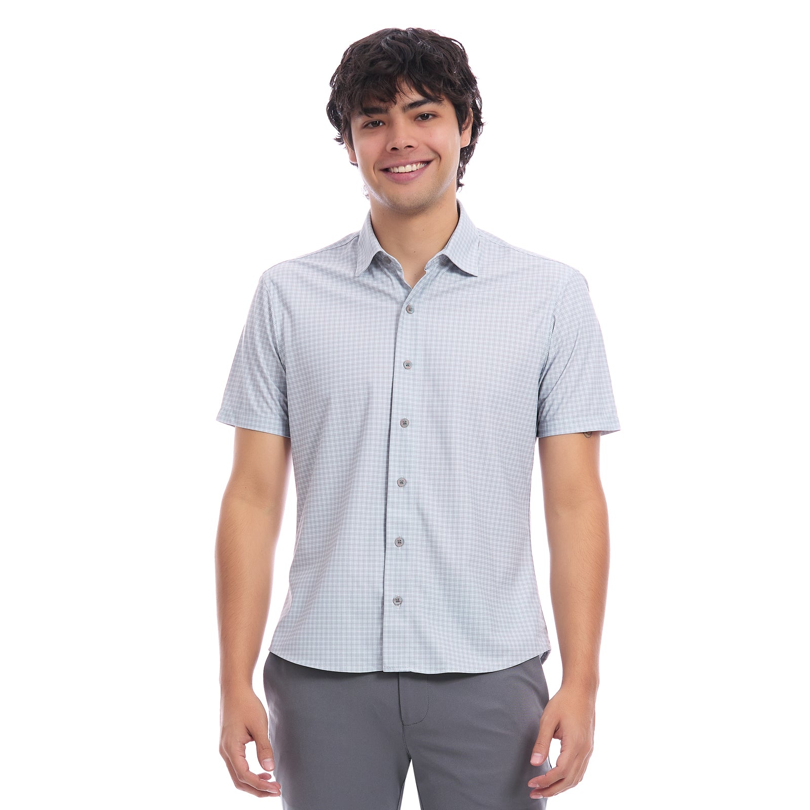Hombre Vistiendo Camisa Manga Corta Estilo Business Casual A Cuadros, Vista de  Frente 