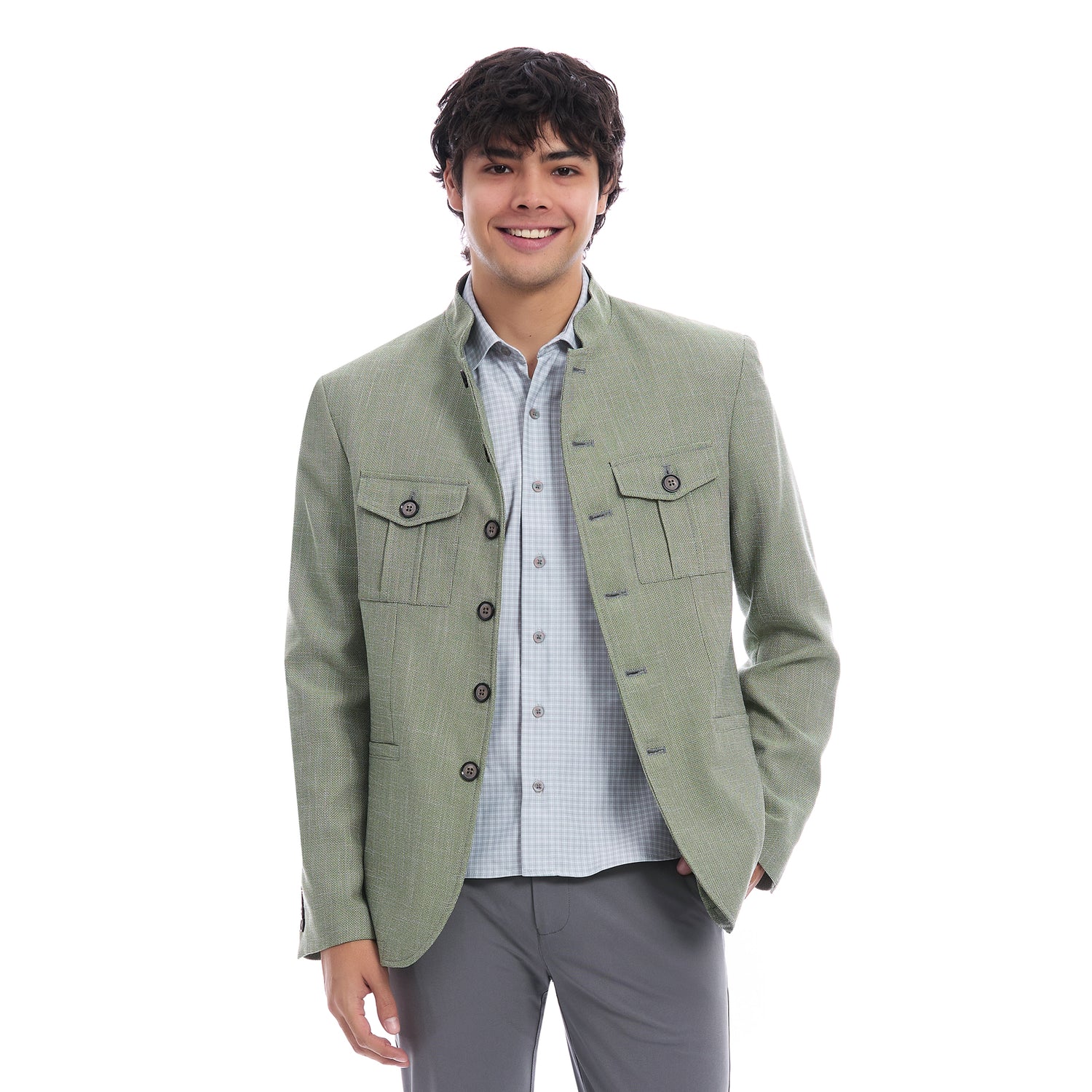Saco Casual para Caballero Slim Fit Cuello Mao Detalle de Frente