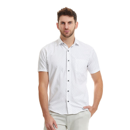 Camisa business casual manga corta con tejido estampado de mini motivos geométricos Slim Fit