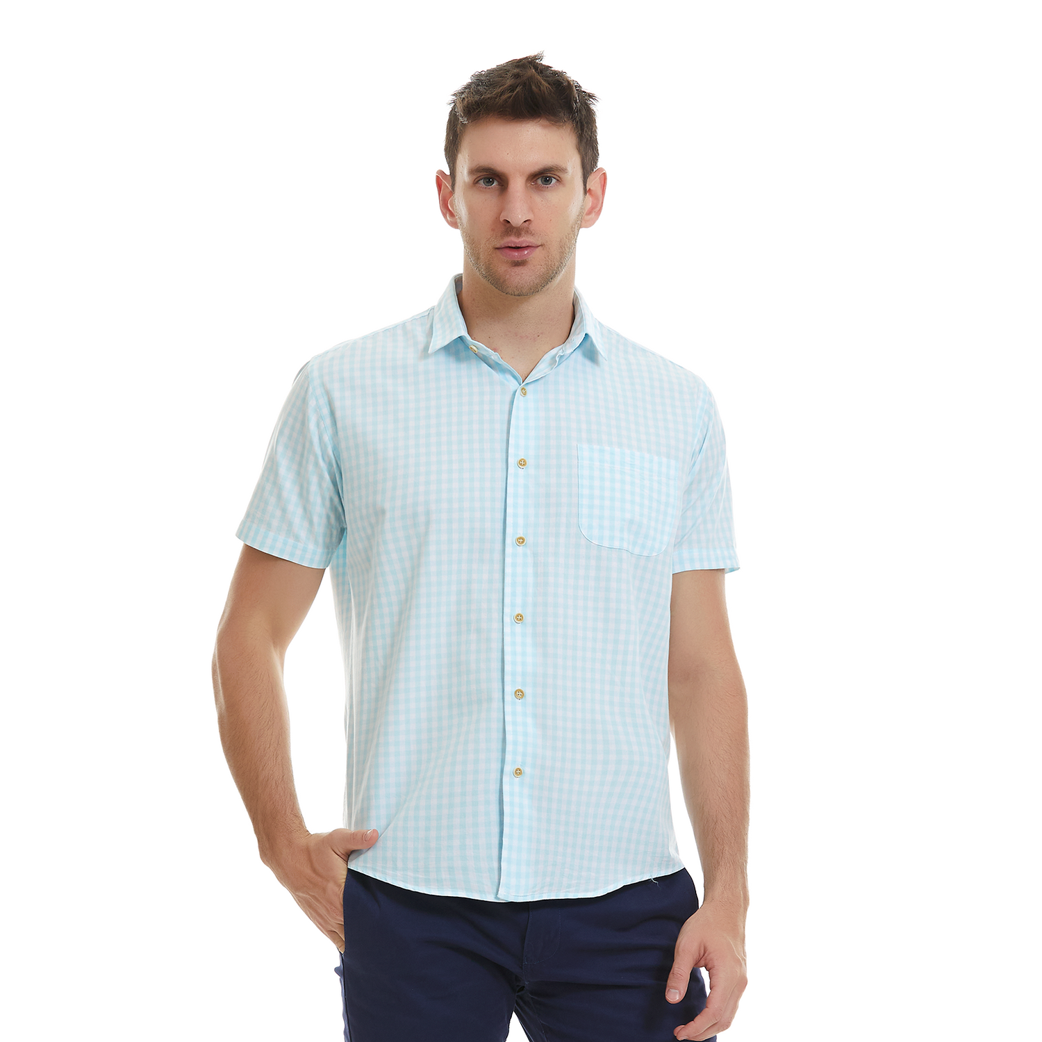 Camisa Caballero Business Casual Manga Corta A Cuadros Slim Fit