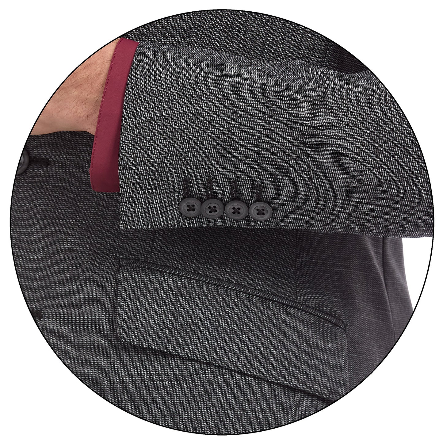 Detalle de mangas del saco de traje gris con forro satinado color gris oscuro. Se aprecia su detalle de botones junto con el acabado de costuras de calidad. 