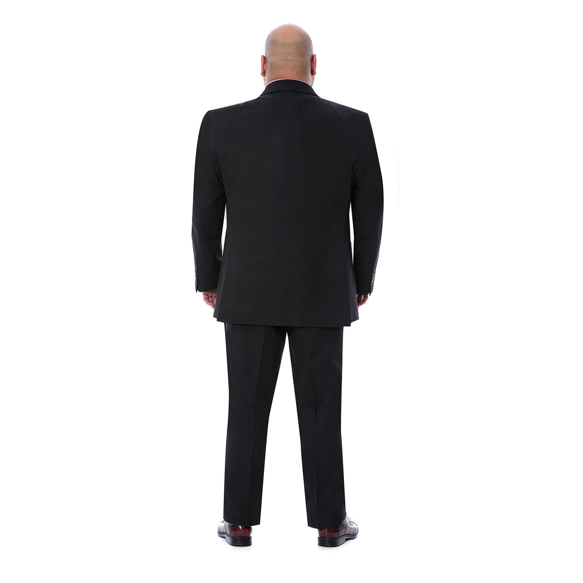 Vista Trasera de Traje Negro Liso en Tallas Extra, Muestra el ajuste de la espalda.
