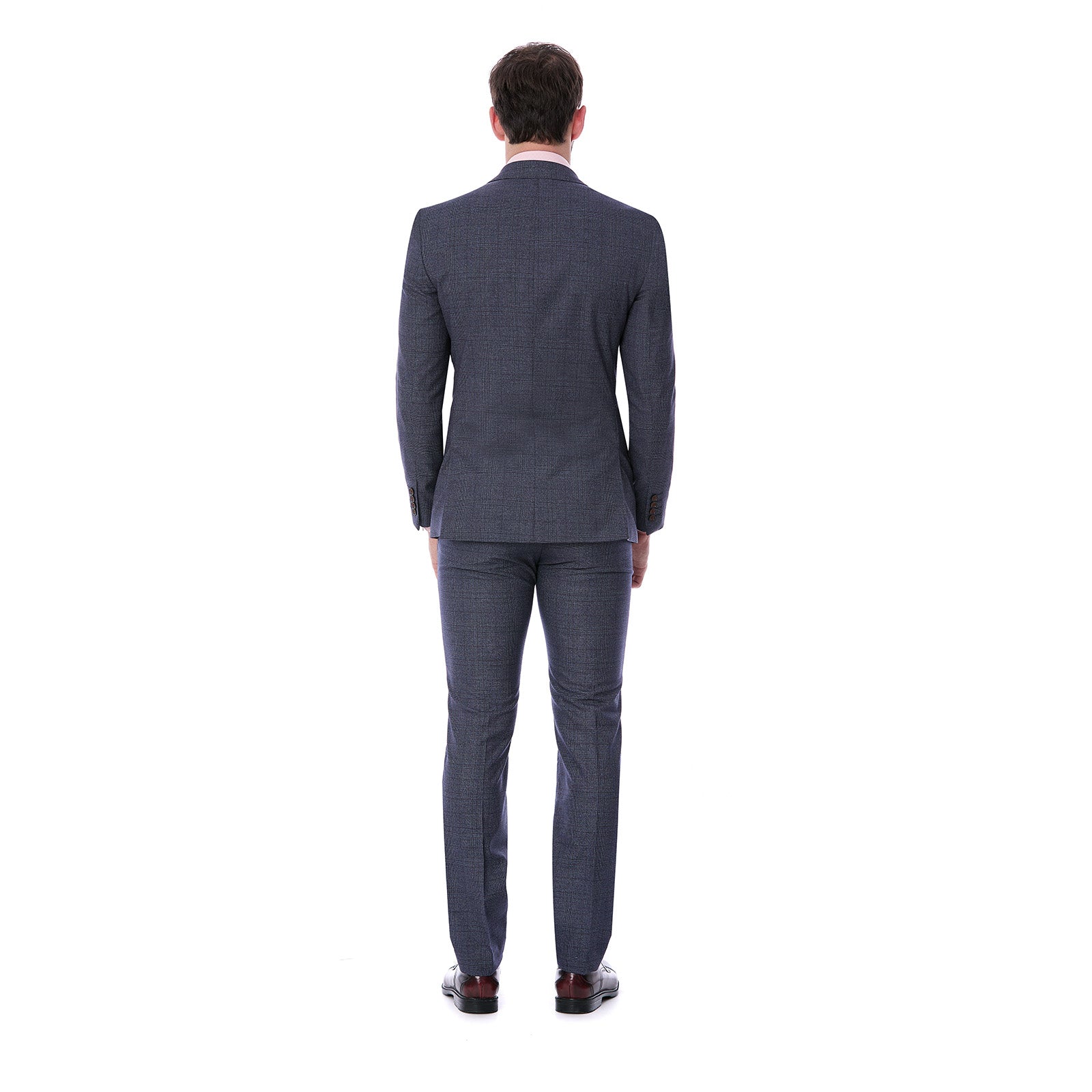 Vista trasera del saco de traje slim fit para Caballero en Tejido a Cuadros Azul Vittorio Forti, con doble abertura que facilita movilidad.
