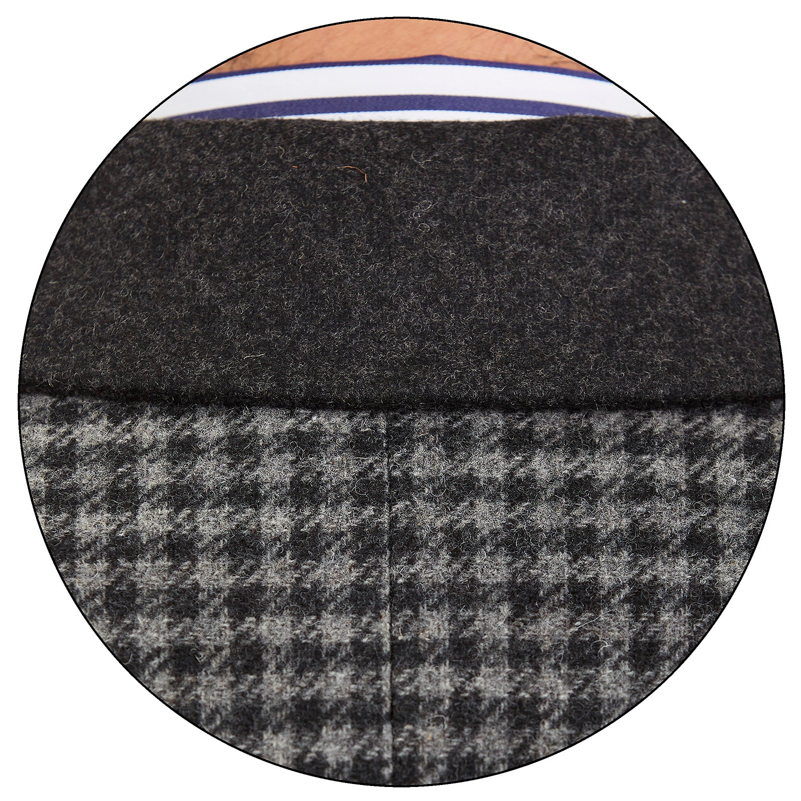 Detalle cuello de abrigo formal color gris con patrón clásico y camisa a rayas, ideal para invierno o eventos ejecutivos.