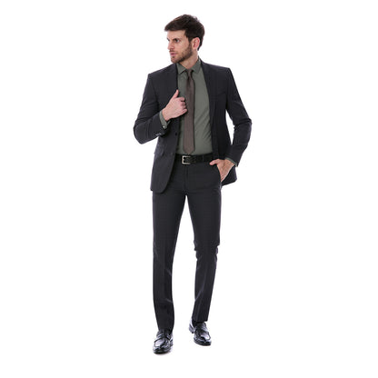 Traje Vittorio Forti color negro vista frontal, estilo moderno y elegante para hombre.
