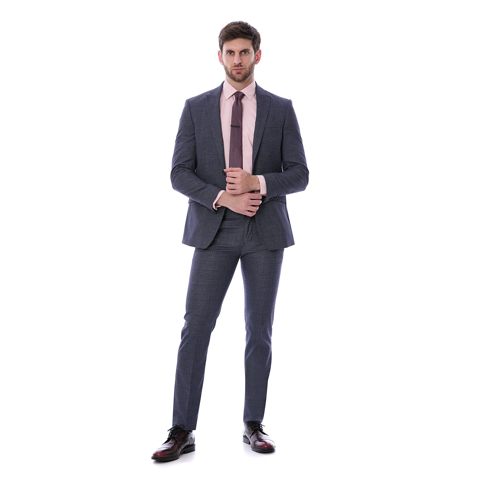 Traje formal para hombre corte slim fit en tejido a cuadros color azul Vittorio Forti , ideal para oficina y eventos formales.
